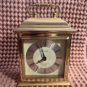 Vintage Bulova‎ Westminster Melody Gold-Tone Mantel Clock Quartz With Handle
